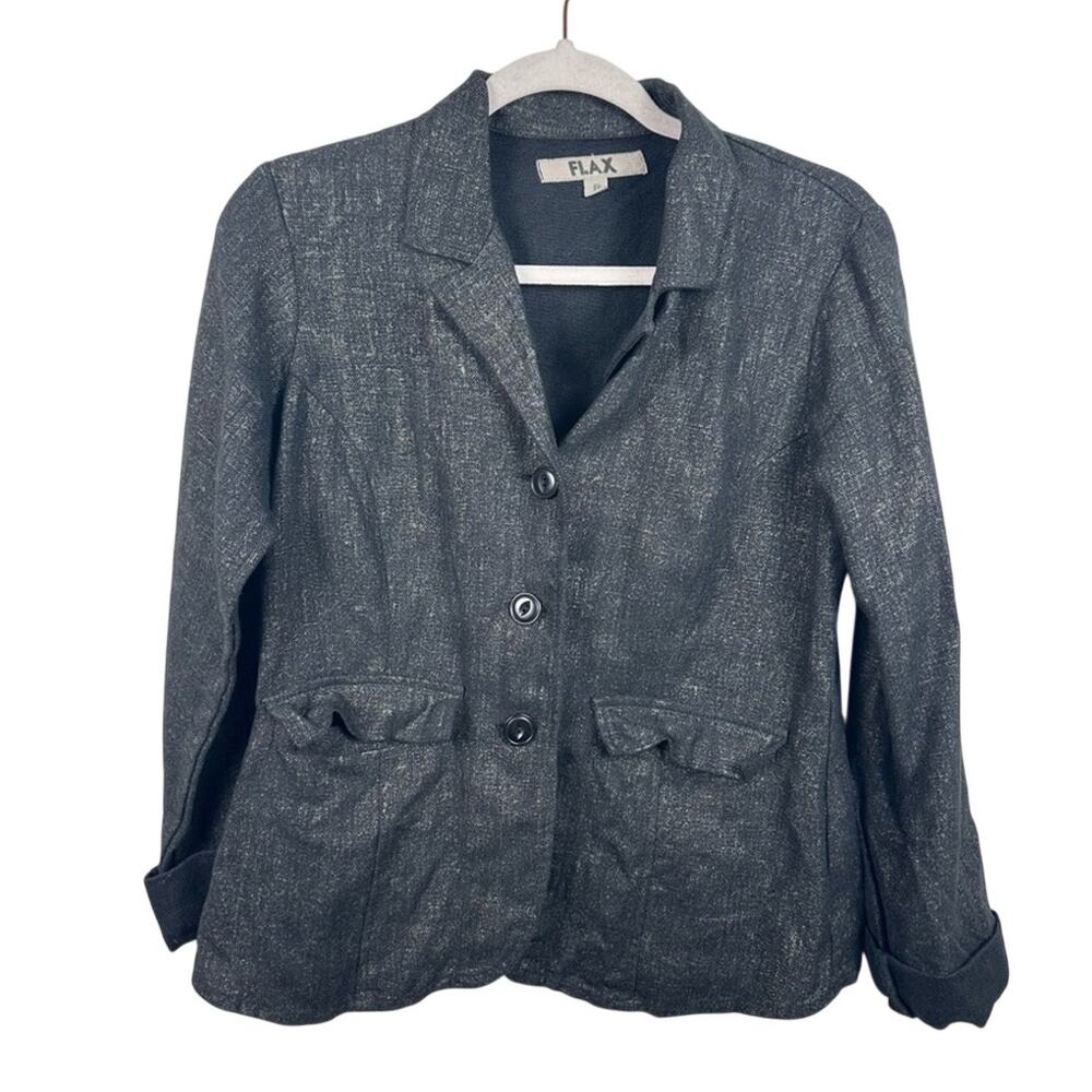 FLAX Metallic Linen Boxy Jacket Women Size P Black Excellent Lagenlook Blazer